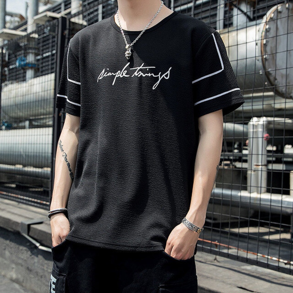 Men Simple Letter Round Neck Bottoming Shirt Youth Student T-shirts - 2XL Black