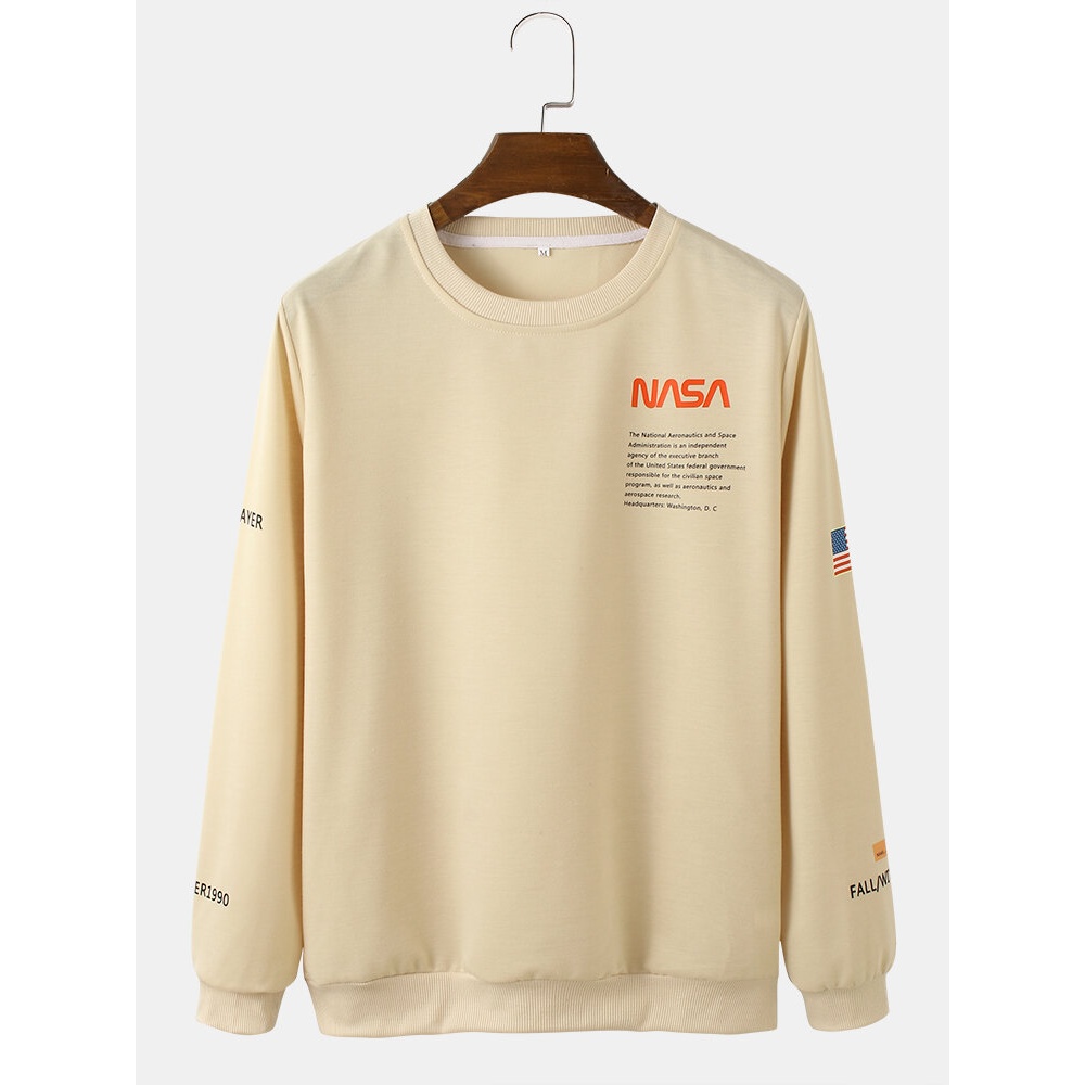 Mens Letter Sleeve Print Round Neck Cotton Pullover Sweatshirts - Black M