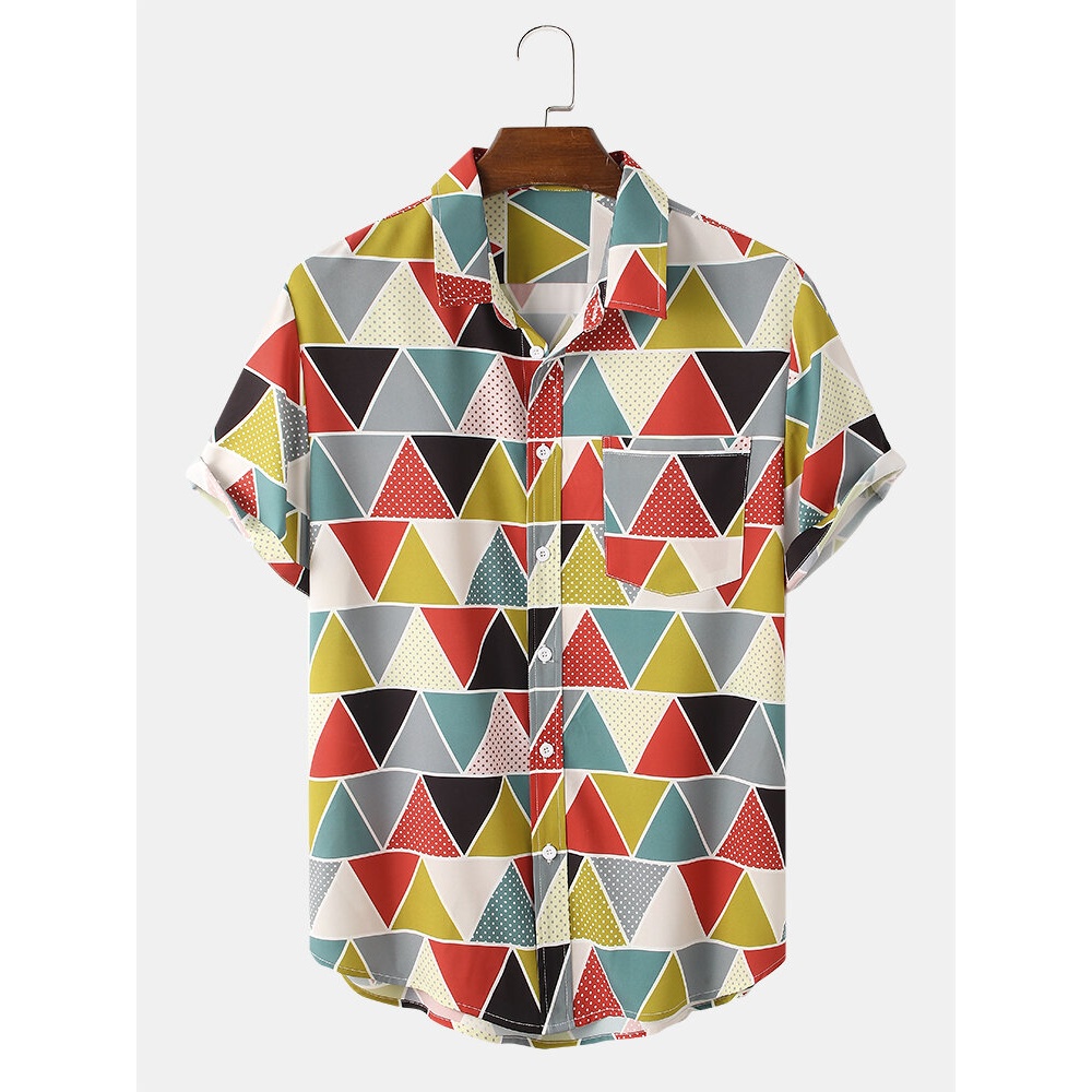 Mens Color Block Geometric Print Short Sleeve Lapel Shirt - Red S
