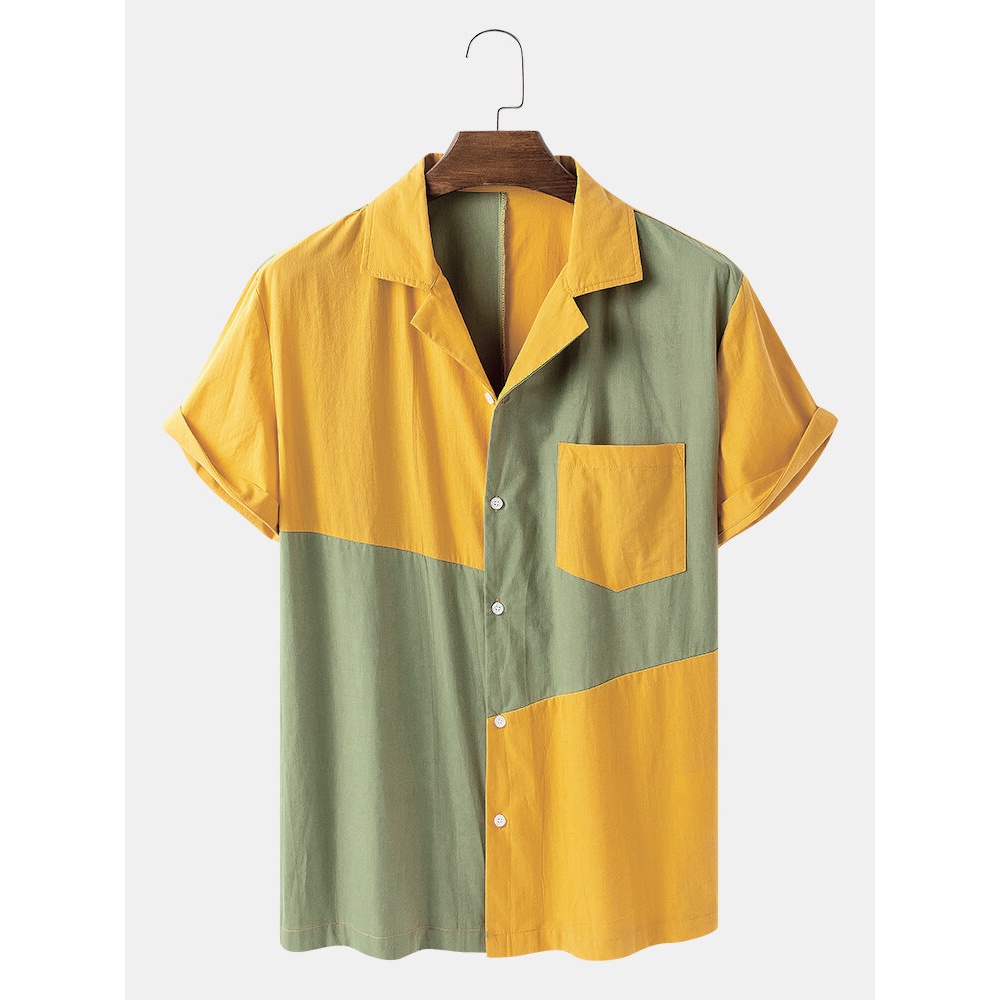 Banggood Designed Mens 100% Cotton Patchwork Breathable Casual Shirts - Yellow S