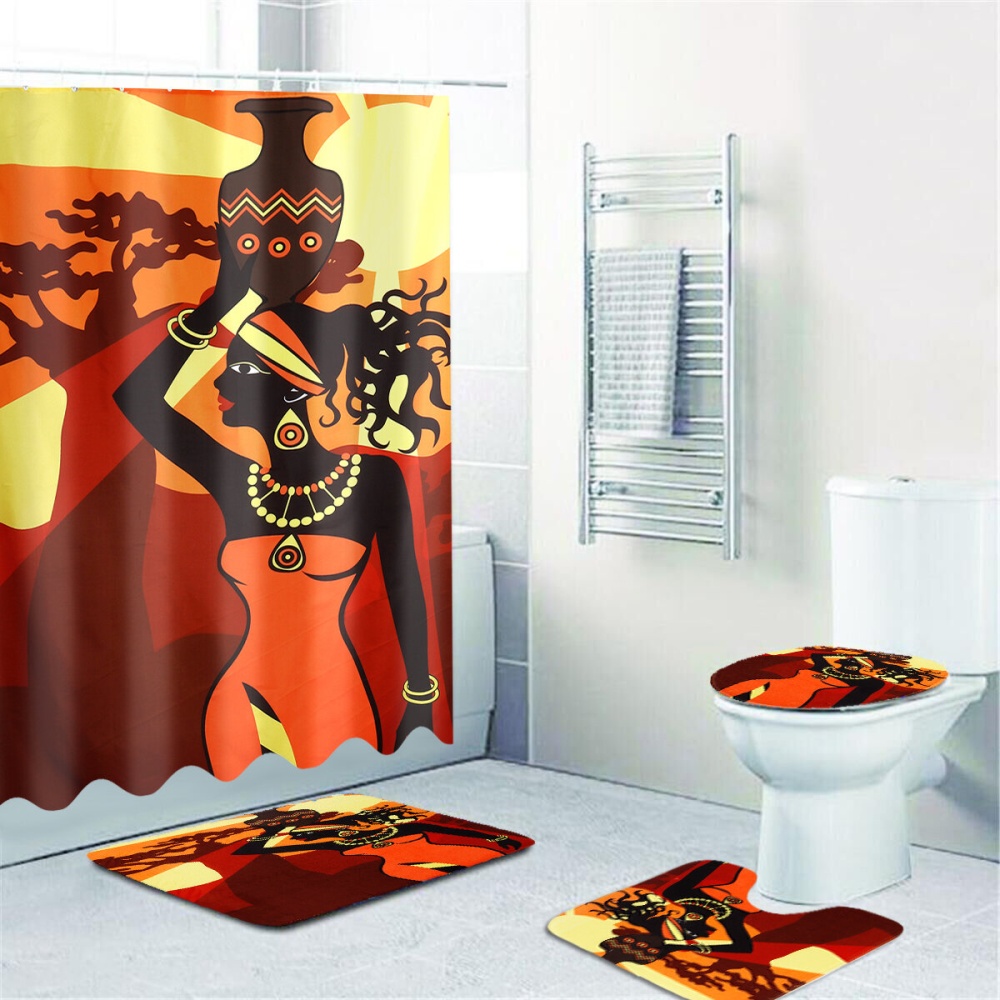 180x180CM African Women Waterproof Shower Curtain Set with Rugs Non-Slip Bathroom Mat Toilet Rug Bath Mat Set - 3Pcs Set - Image 2