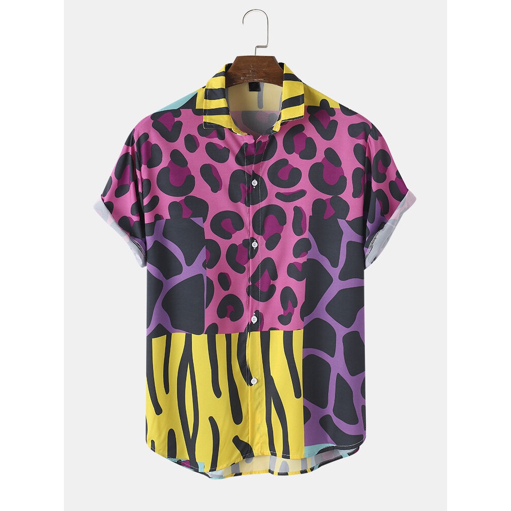 Mens Casual Animal Print Pocket Color Block Shirts - Purple M