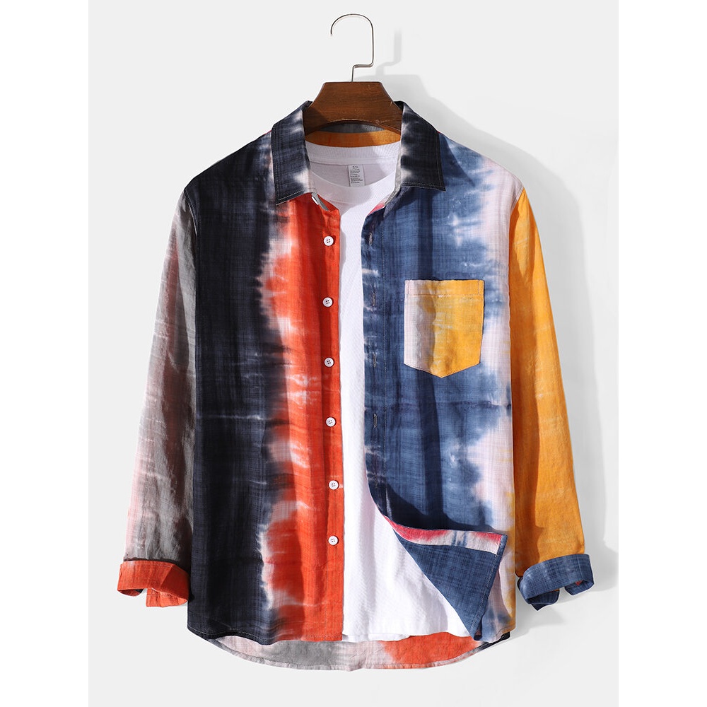 Mens Colorful Tie Dye Print Chest Pocket Street Long Sleeve Shirts - Blue S