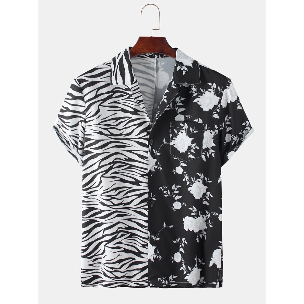 Men Zebra Floral Mixed Print Short Sleeve Chest Pocket Holiday Shirts - Black L