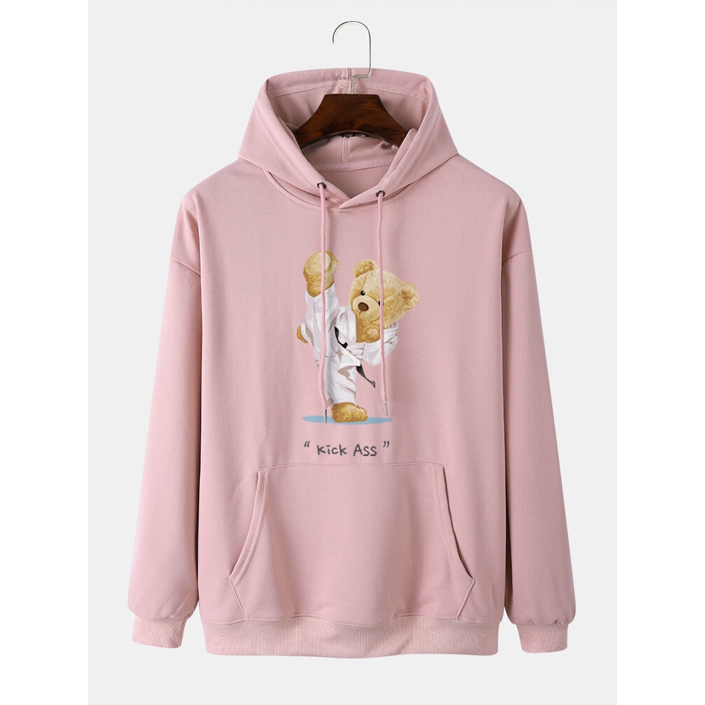 Men Kung Fu Bear Printed Letter Kangaroo Pocket Drop Shoulder Hooded Sweatshirt - White S