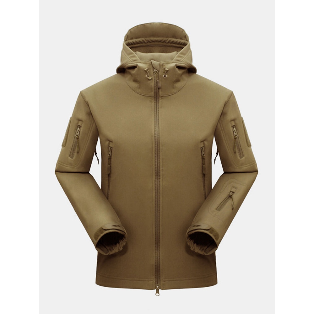 Mens Waterproof Multi-Zipper Pocket Thick Turtleneck Hooded Outdoor Sport Coats - Khaki S