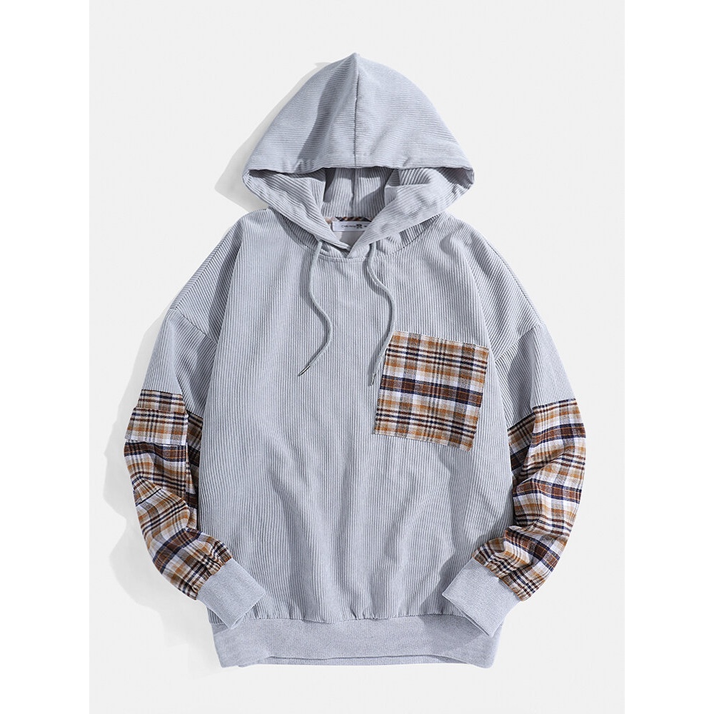Mens Plaid Patchwork Corduroy Drop Shoulder Hoodies With Pocket - S Grey