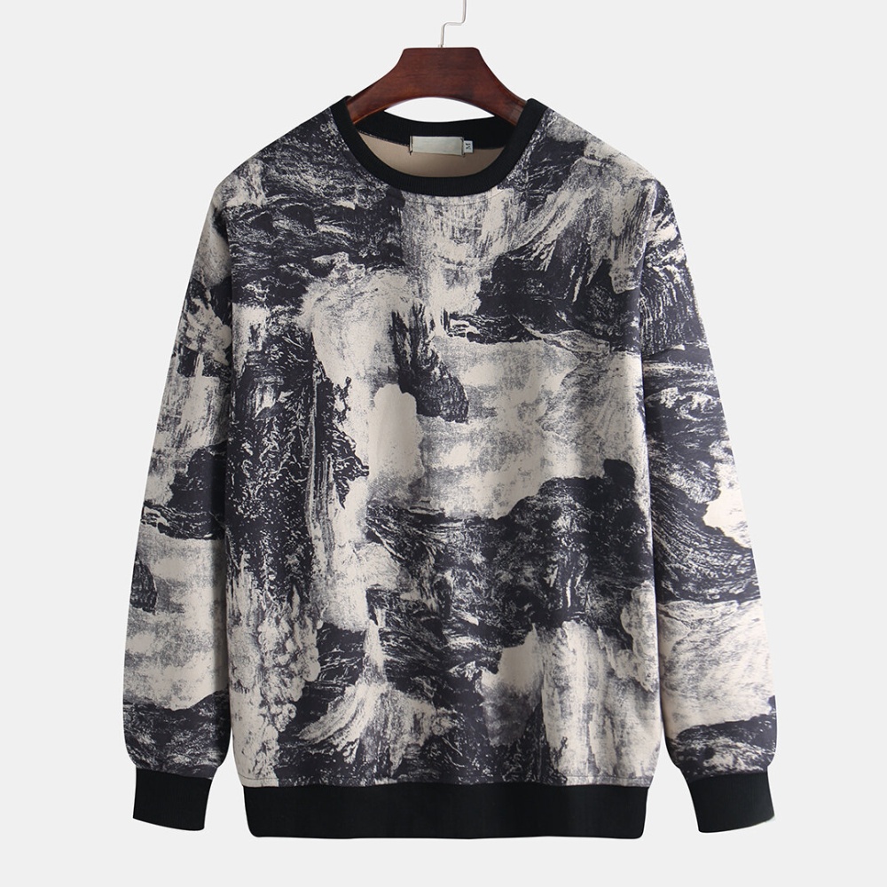 Mens Chinese Ink Printing Crew Neck Long Sleeve Casual Sweatshirt - M Black - Image 2