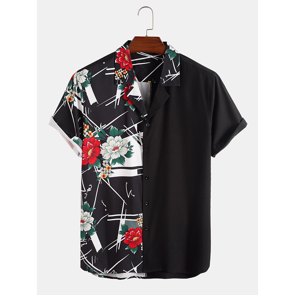 Mens Rose Print Patchwork Camp Collar Holiday Shirts - Black S