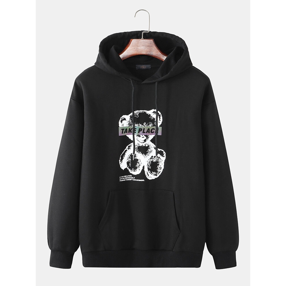 Mens Take Place Bear Graphic Print Casual Hoodie With Kangaroo Pocket - White L