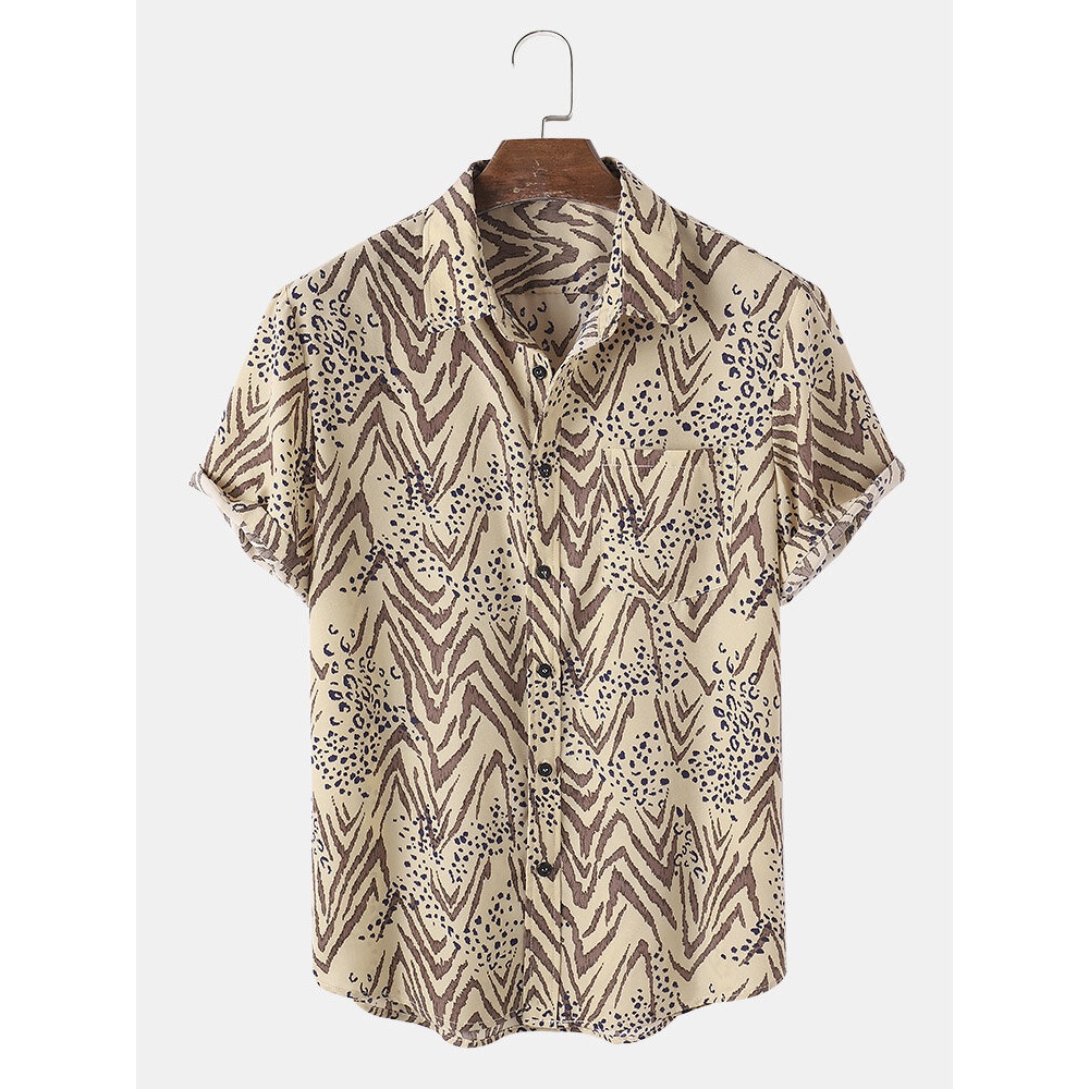 Mens Leopard Animal Pattern Chest Pocket Short Sleeve Shirts - Black S