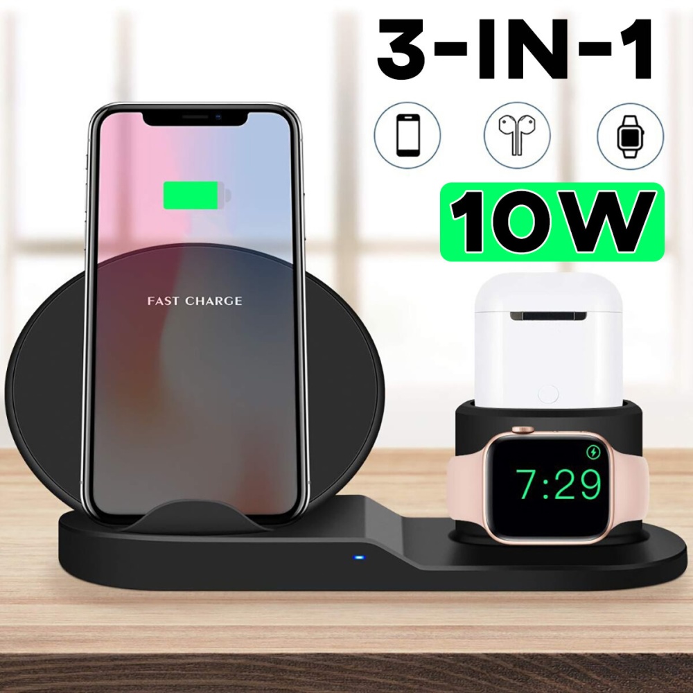 N30 3-IN-1 10W Wireless Charger Horizontal Vertical Charging Pad Stand Dock Mobile Phone Holder Stand for iPhone iWatch Airpods - Black - Image 2