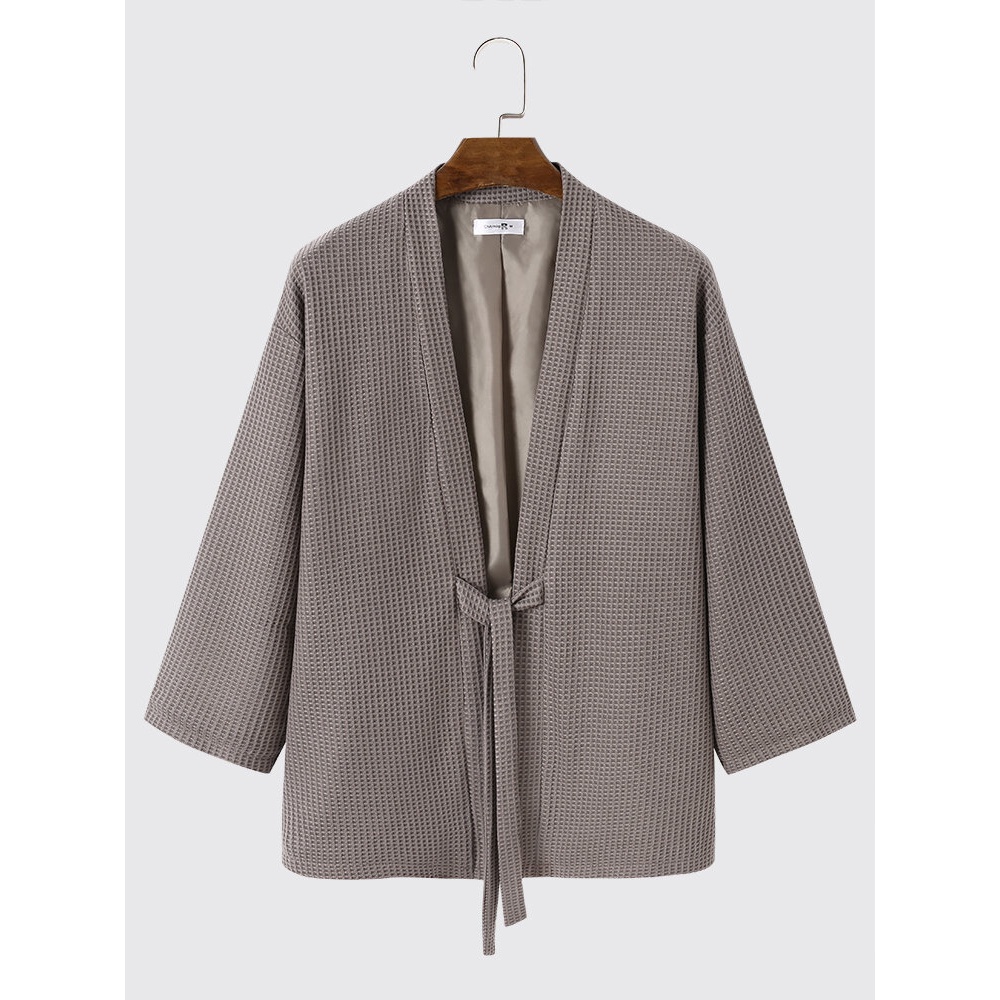 Men Solid Color Knitted Lace-up Knitted Kimino Front Open Long Sleeve Shirts - Khaki S