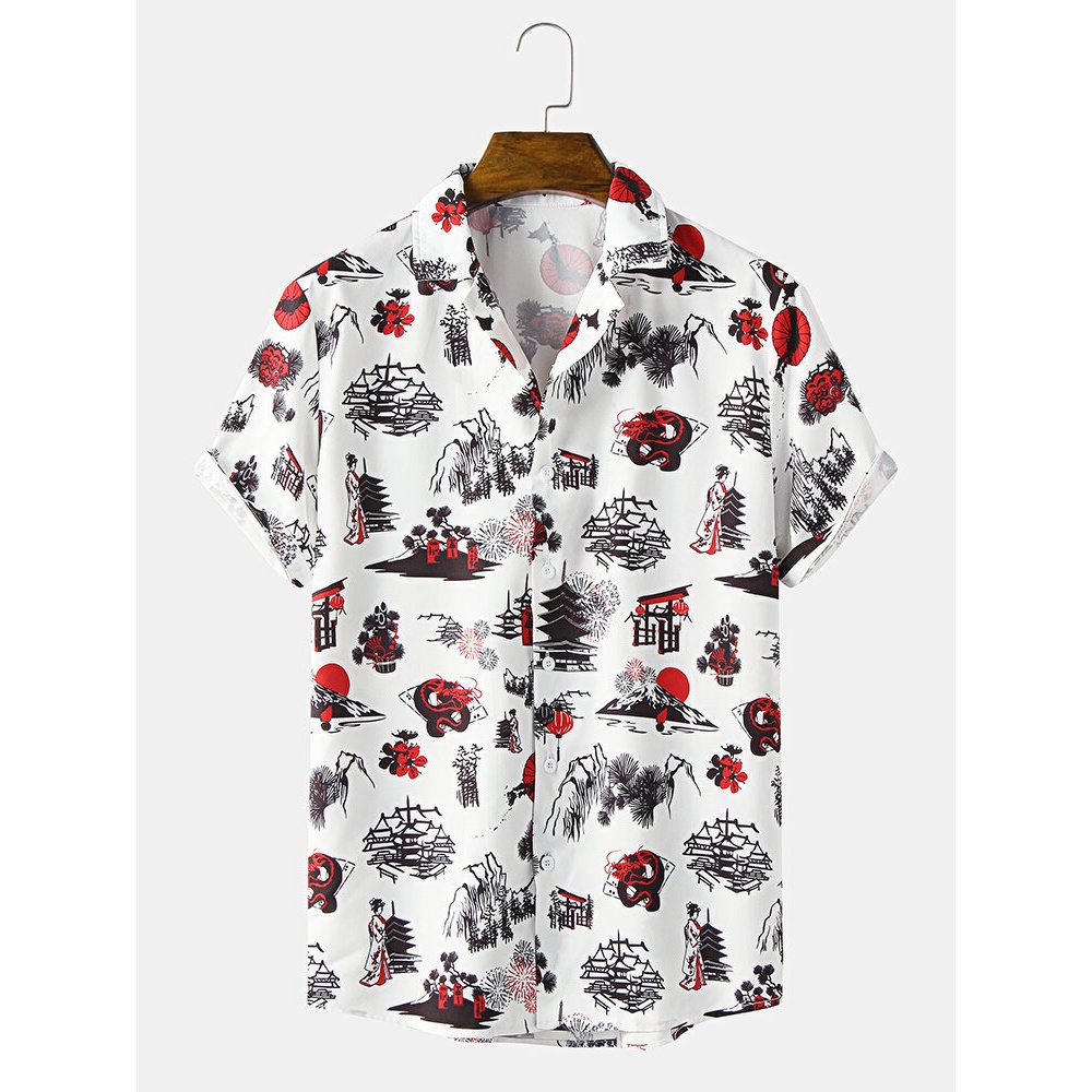 Mens Ethnic Style Print Revere Collar Short Sleeve Shirt - White S