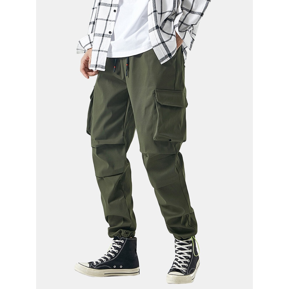 Mens Solid Applique Cotton Drawstring Cuff Cargo Pants With Multi Pockets - Grey S