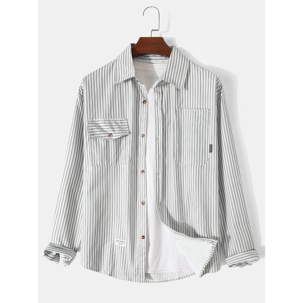 Men Striped Asymmetric Pockets Curved Hem Casual Shirts - Blue S