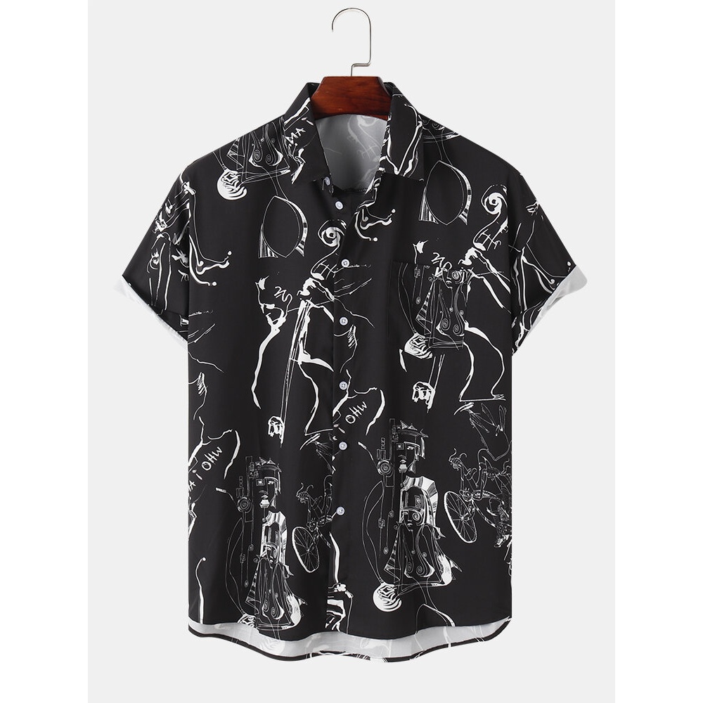 Mens Line Graffiti Print Lapel Short Sleeve Shirt - White XL