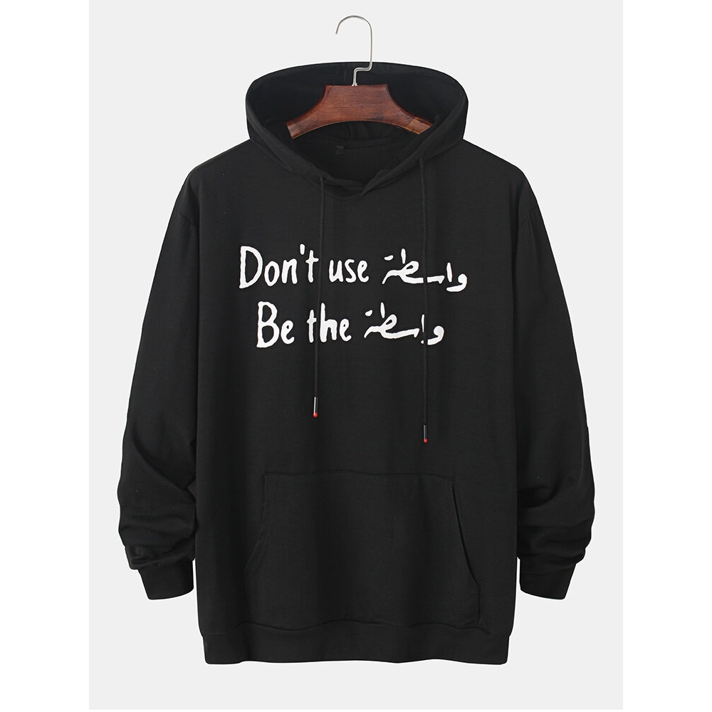 Mens 100% Cotton Letter Slogan Print Casual Drawstring Hoodies With Pouch Pocket - Black S