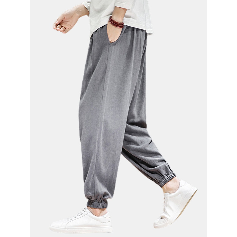 Mens Solid Color Drawstring Elastic Ankle Casual Pants With Pocket - Black S