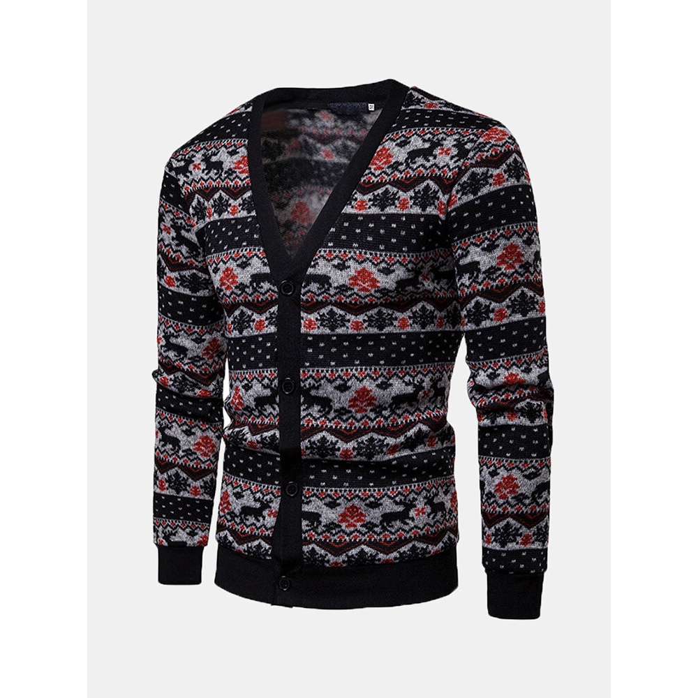 Mens Single Breasted V-Neck  Stitching Color Sweaters Cardigans - M Black