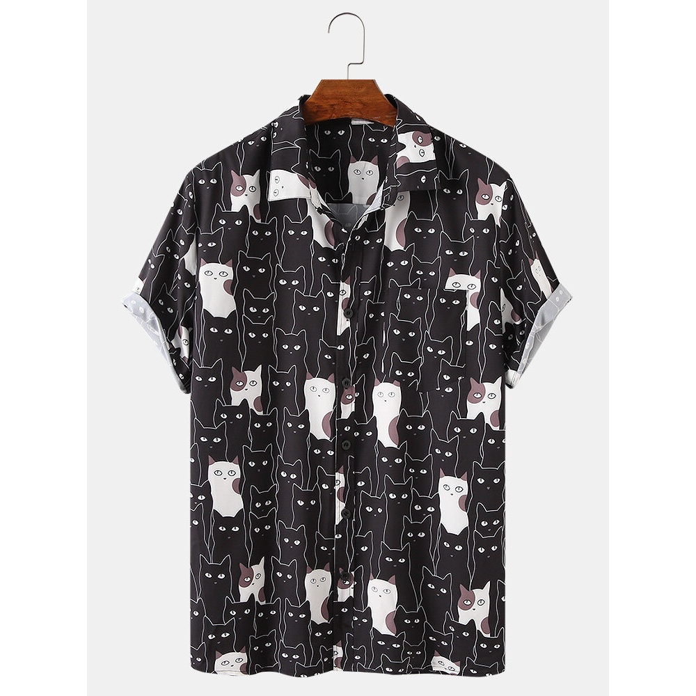 Mens Funny Lovely Cat Cartoon Short Sleeve Casual Shirts - Black M