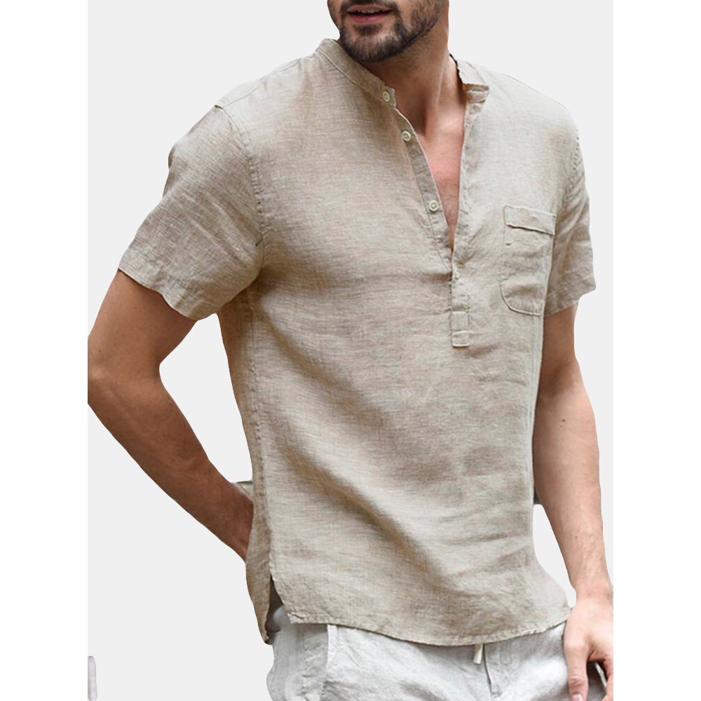 INCERUN Men's Button V-Neck Casual T-shirts Summer Short Sleeve Comfort Loose Solid Color Tops Tees - 3XL Light Blue