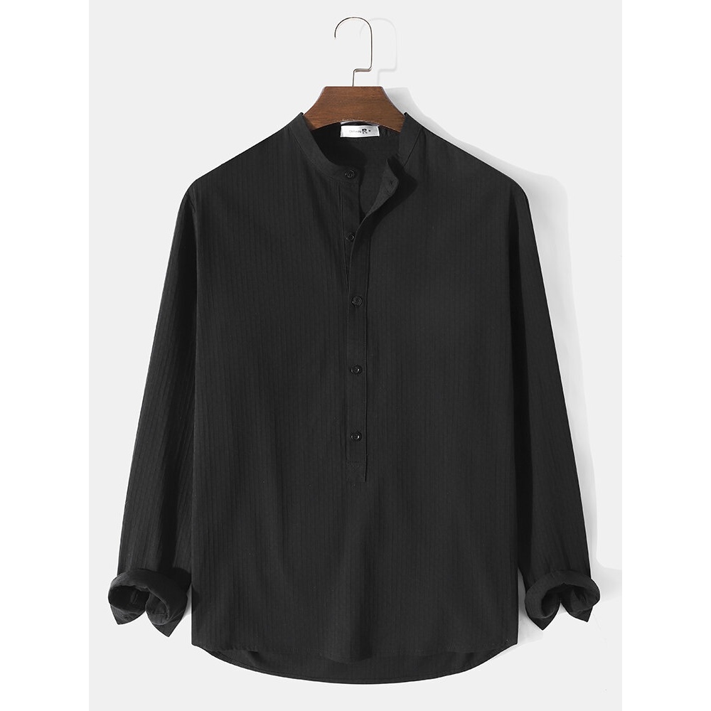 Men 100% Cotton Basic Plain Ribbed Henley Collar Long Sleeve Shirts - Black S