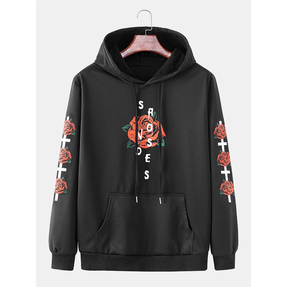 Men Rose Flower Letter Kangaroo Pocket Drawstring Casual Hooded Sweatshirt - Green L