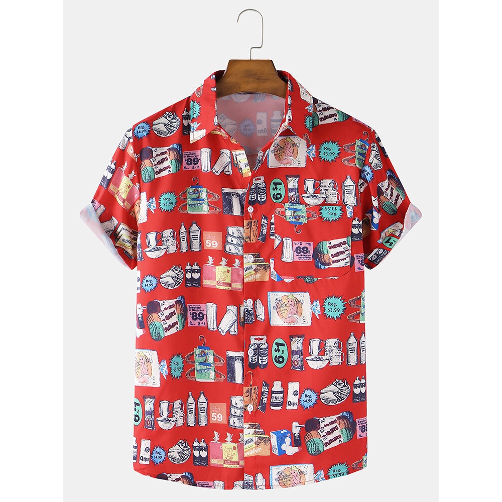 Mens Commodity Print Turn Down Collar Short Sleeve Shirts - Red M