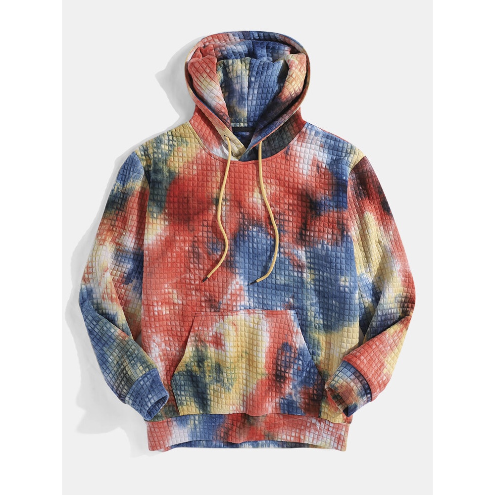 Mens Colorful Tie-Dye Long Sleeve Pocket Jacquard Hoodies - Yellow S