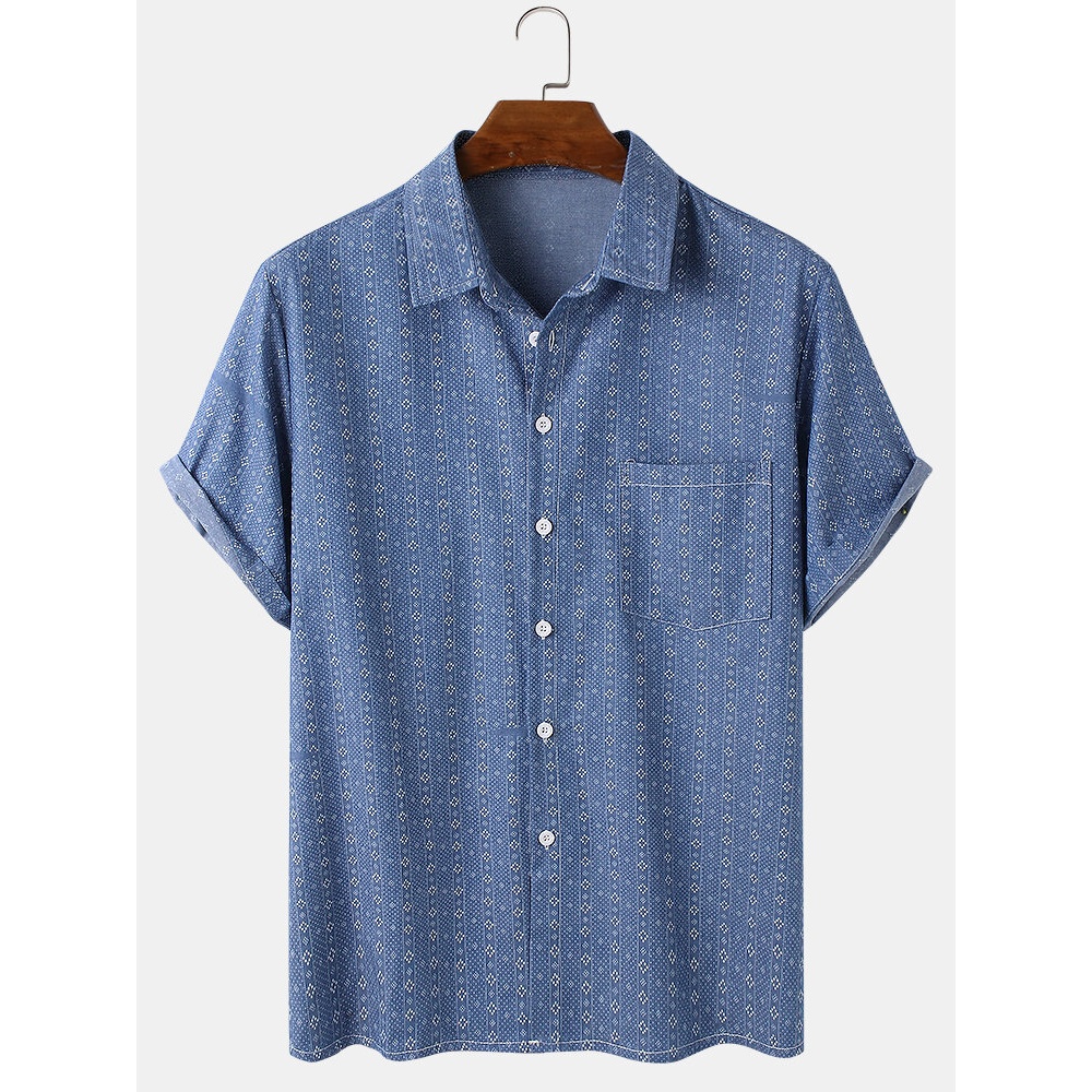 Mens Causal Striped Pocket Loose Comfy Short Sleeve Shirts - Blue S