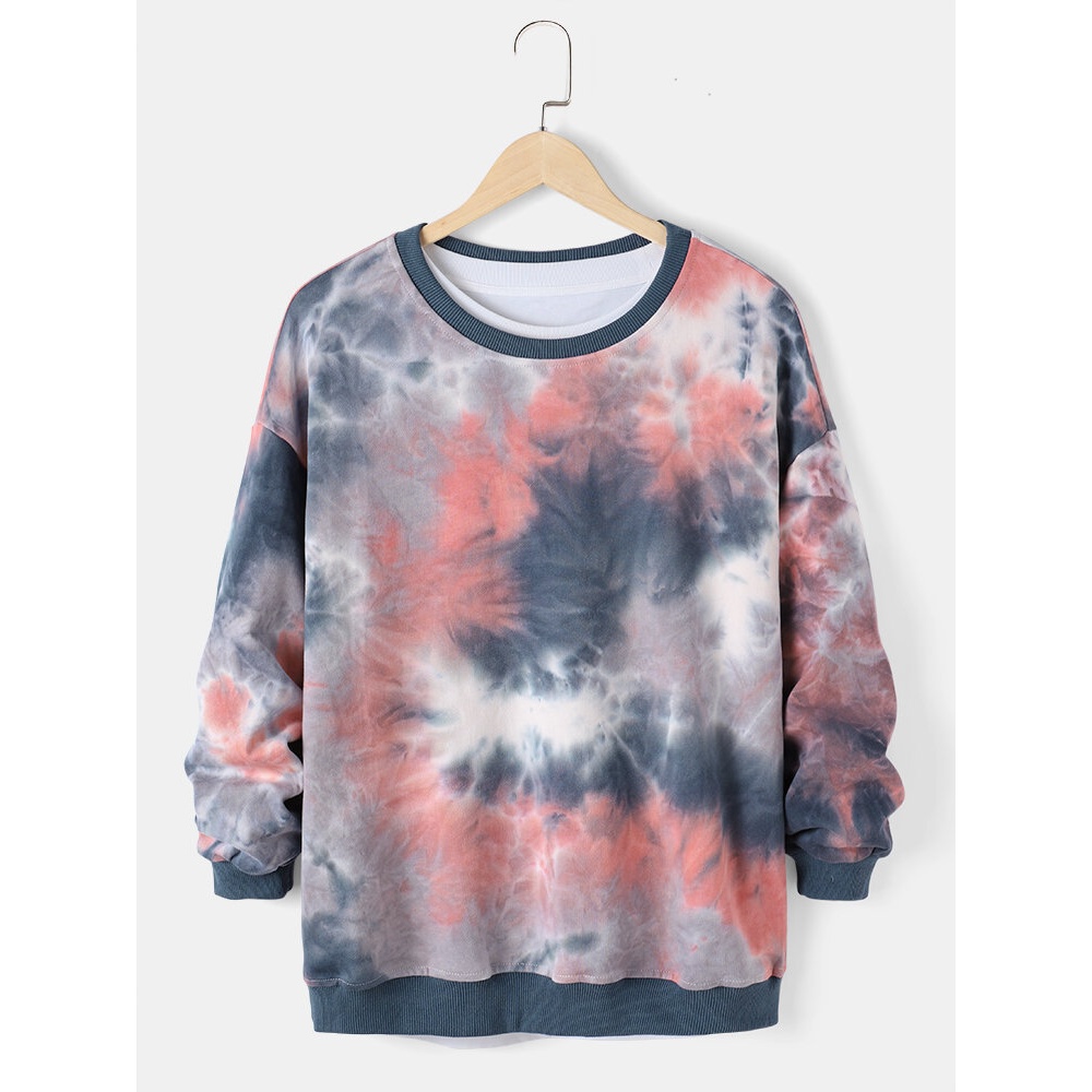 Mens Tie-Dye Print Loose Casual Crew Neck Pullover Sweatshirt - XL Blue