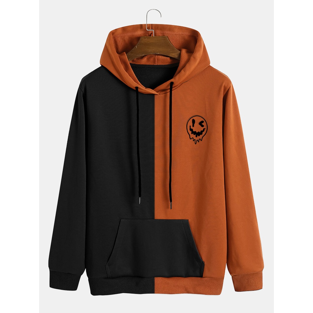 Mens  Pattern Printing Kangaroo Pocket Hoodies - Coffee yellow S