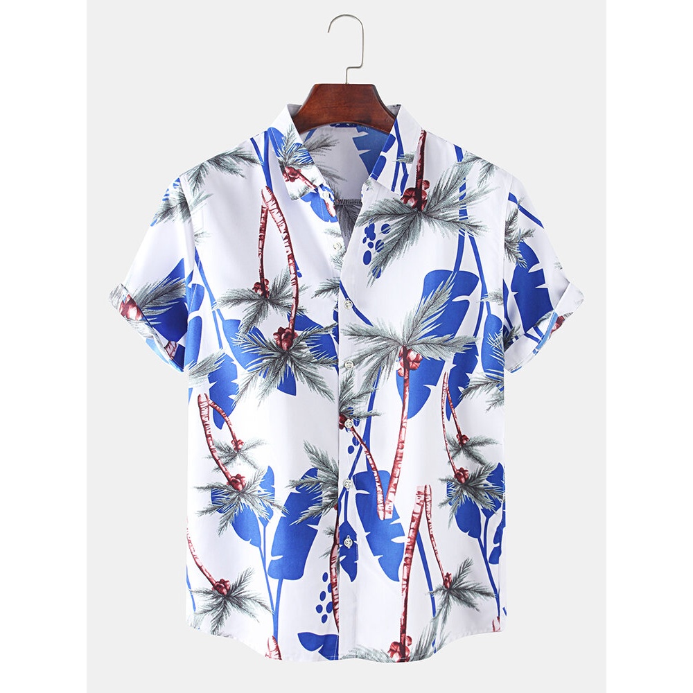 Mens Holiday Tropical Style Coconut Tree Pattern Breathable Casual Shirts - White M