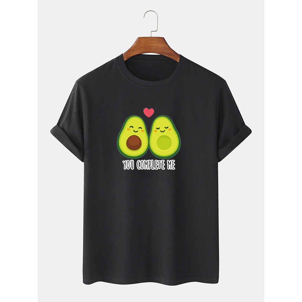 Men 100% Cotton Funny Cartoon Avocado Couple Printed Short Sleeve T-Shirts - Black M