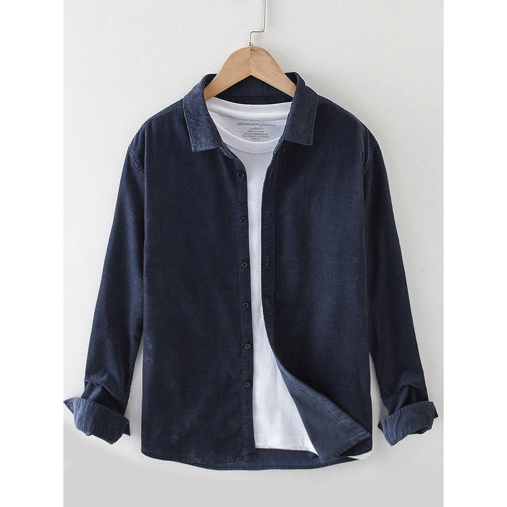 Mens Solid Color Lapel Texture Basic Long Sleeve Shirts - Yellow XL