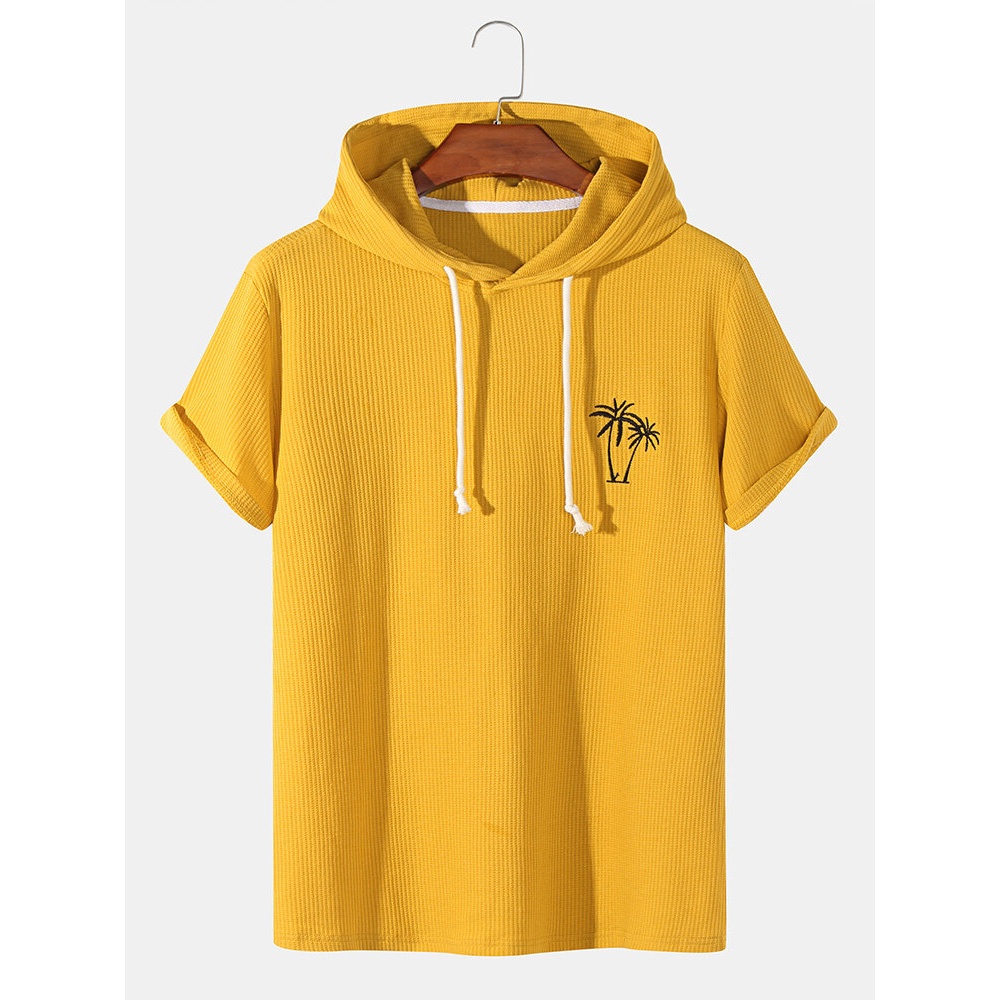 Mens Knitted Texture Coconut Tree Embroidery Hooded Drawstring T-Shirts - Yellow 2XL