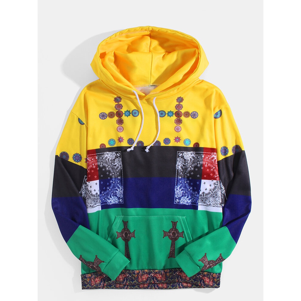 Mens Bandana Ethnic Style Print Color Block Long Sleeve Hoodies - L Yellow