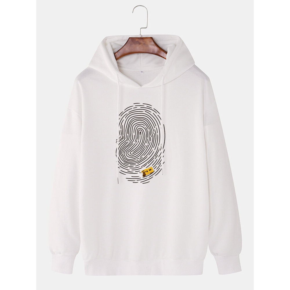 Mens Fingerprint Graphic Print Solid Casual Loose Drawstring Hoodie - White S