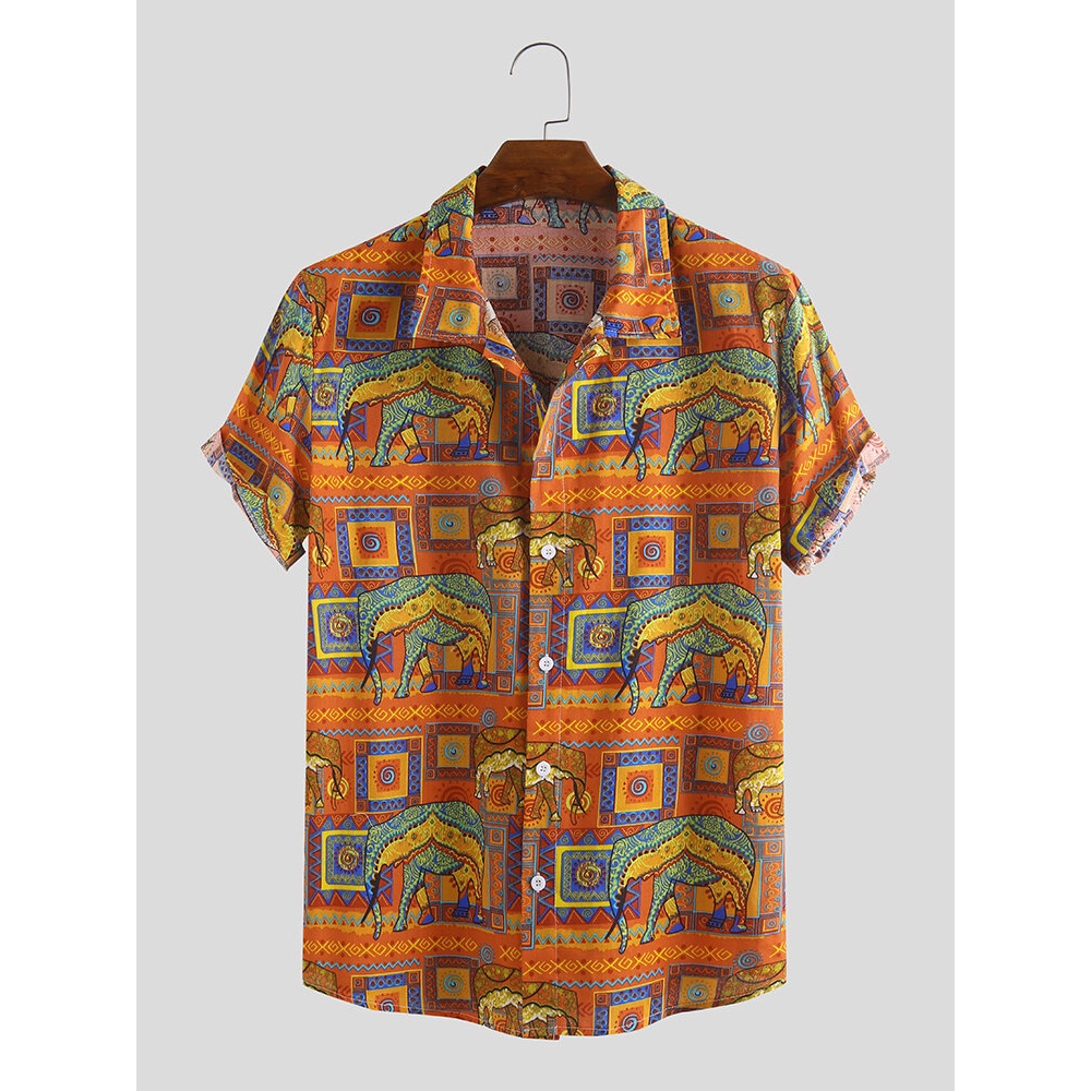 Men Animal Ethnic Pattern Print Short Sleeve Shirts - XL Orange