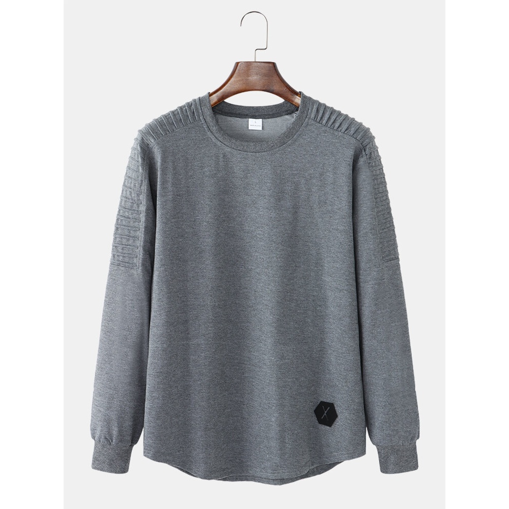 Mens Solid Color Round Neck Texture Long Sleeve Simple T-Shirts - Apricot L