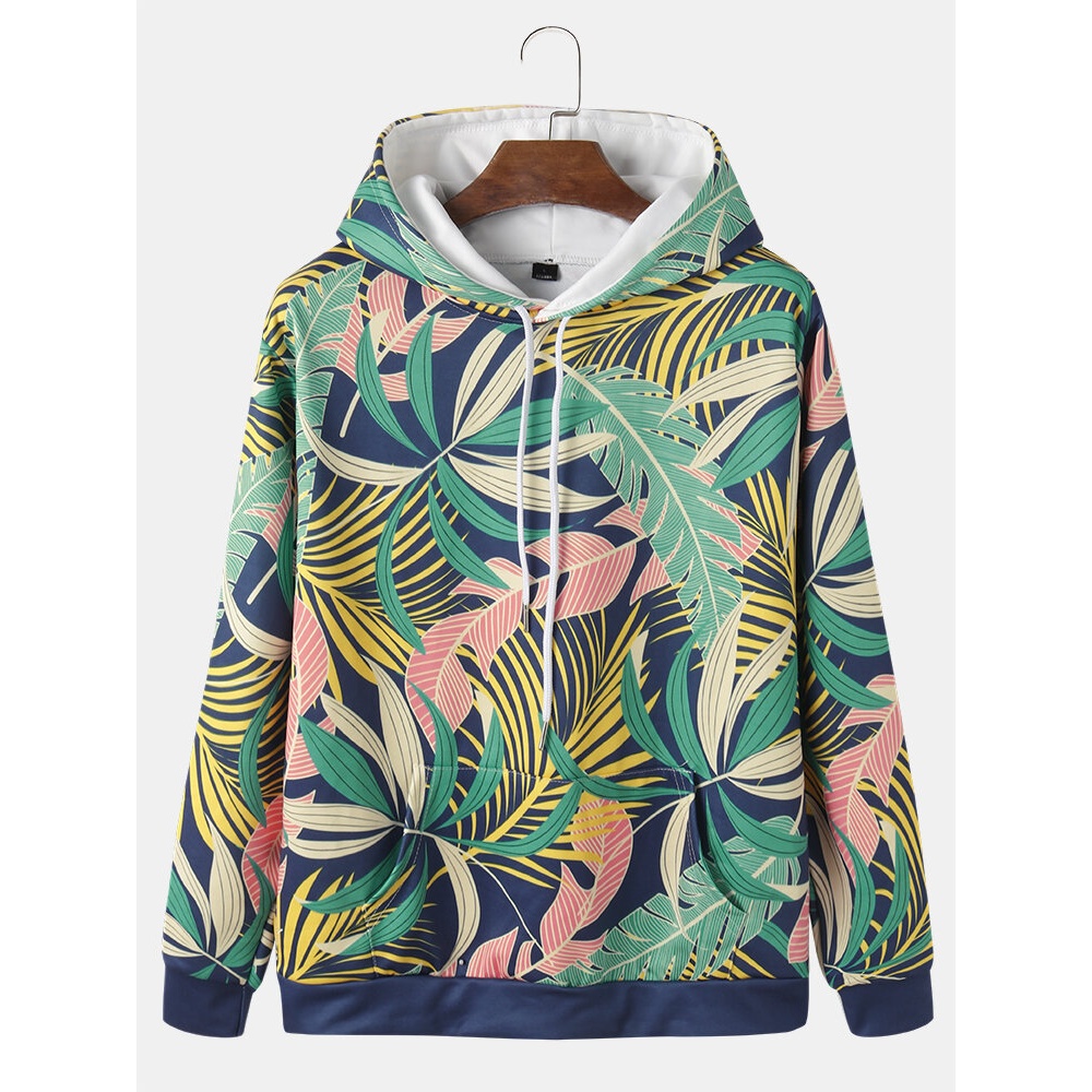 Mens All Over Plant Leaf Print Drawstring Hoodies With Pouch Pocket - Navy S