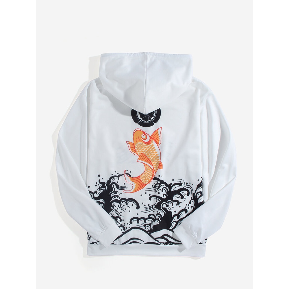 Mens Carp Back Print Ukiyoe Style Long Sleeve Drawstring Hoodies - Black 3XL