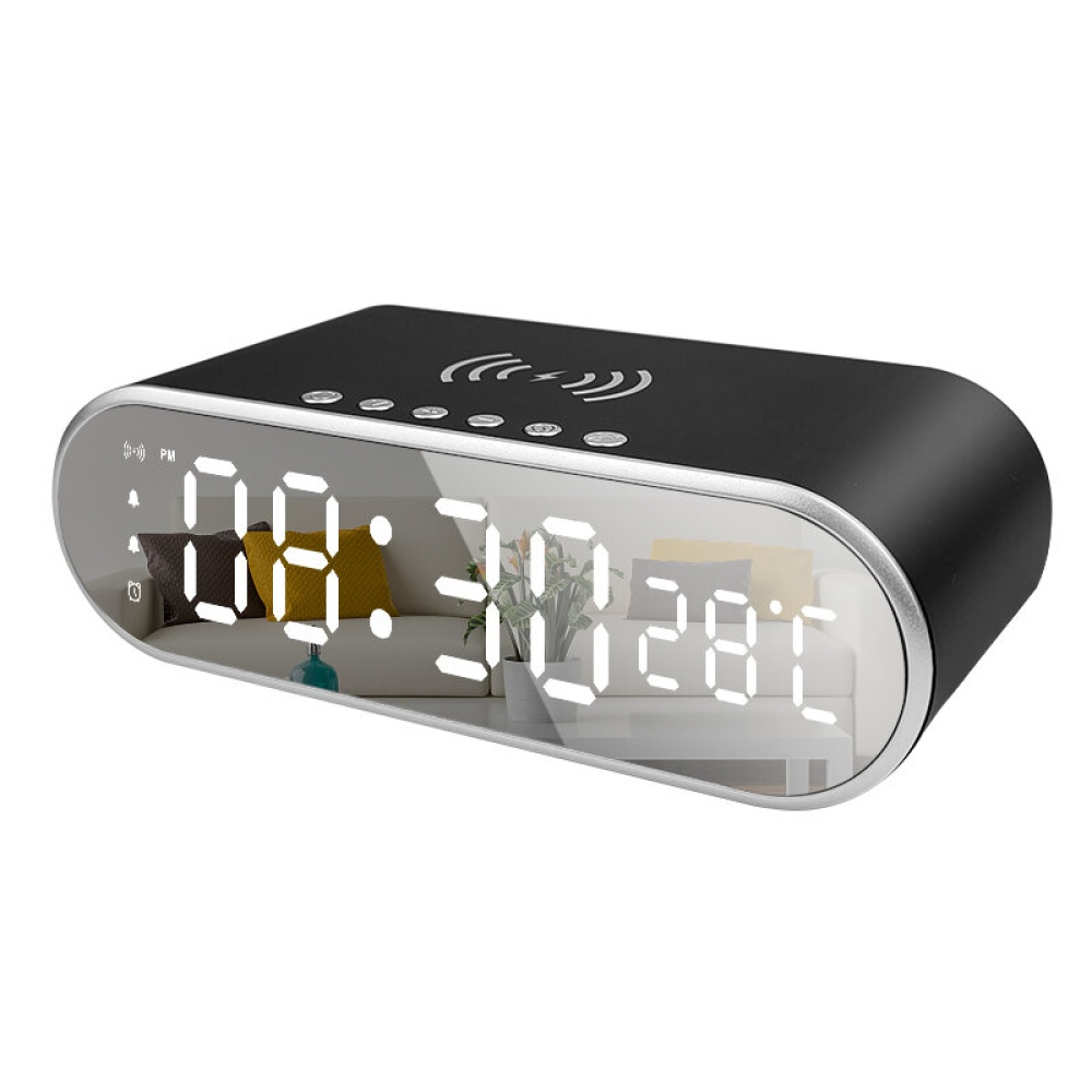 LED Alarm Clock Mobile Phone Wireless Charger HD Clock Mirror Time Memory Digital Thermometer Date Display Electric Alarm Clock - Black - Image 2