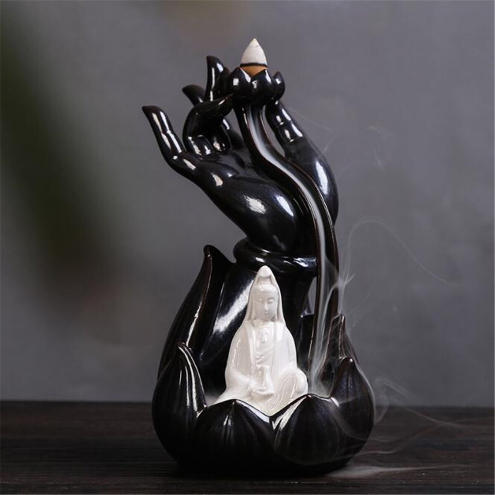 12x22cm Ceramic Backflow Incense Guanyin Tathagata Burner With Cones - #2 - Image 2