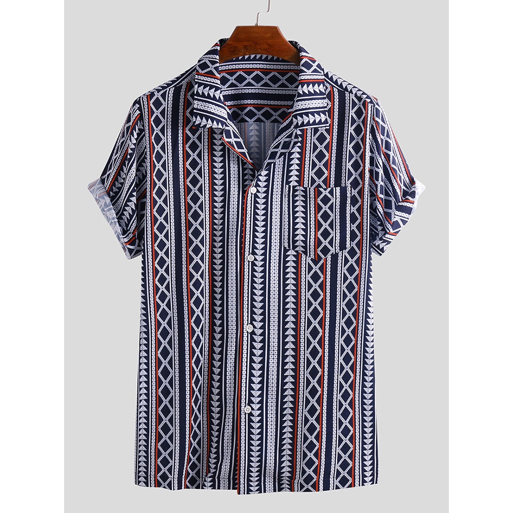 Men Ethnic Pattern Print Short Sleeve Relaxed Hawaiian Shirt - XL Navy