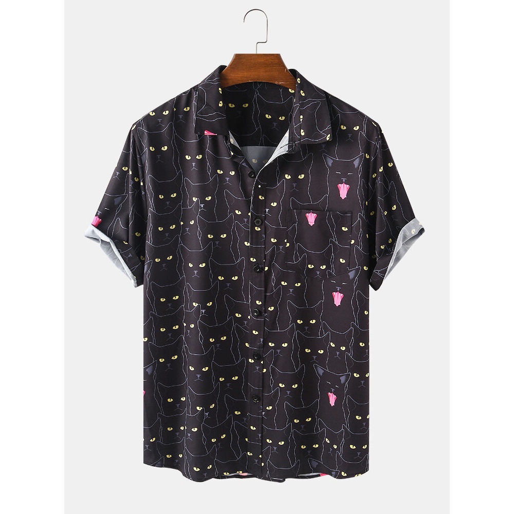 Mens Funny Cartoon Black Cat Print Casual Short Sleeve Shirts Short Sleeve Lapel Collar Shirts - Black S