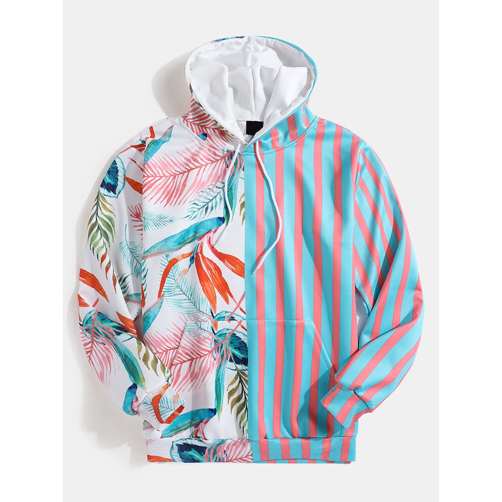 Mens Stripe Patchwork Palnt Leaves Print Kangaroo Pocket Hoodies - M White