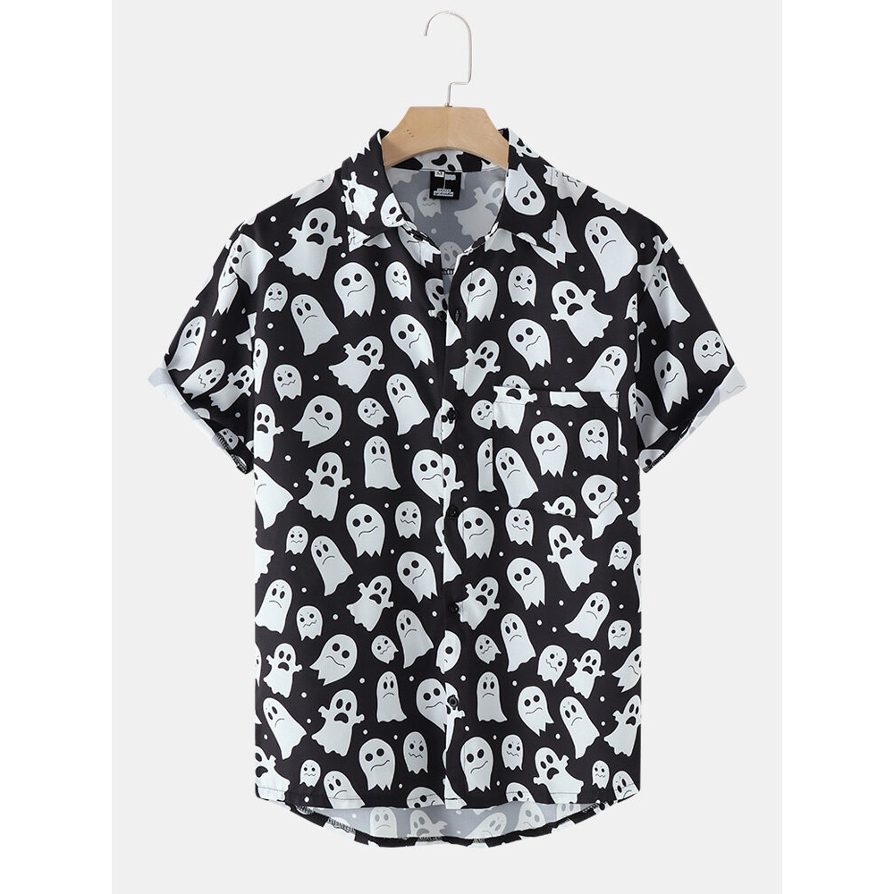 Men  Allover Ghost Print Button Up Pocket Casual Shirts - Pink M