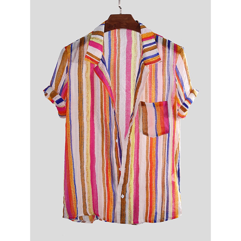 Mens Colorful Striped Printed Summer Loose Lightweight Shirt - 2XL Blue